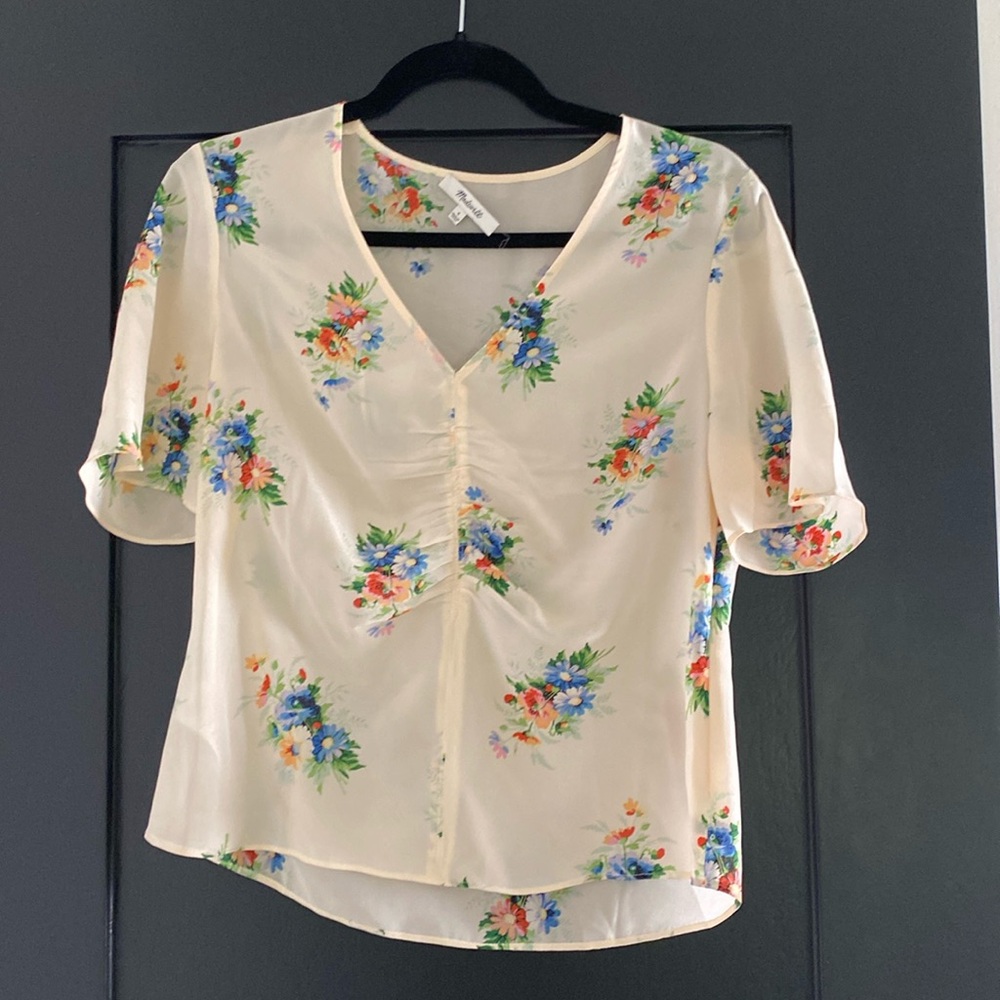 Womens Madewell Flowy Floral Silk Blouse Top Cream Sz 4